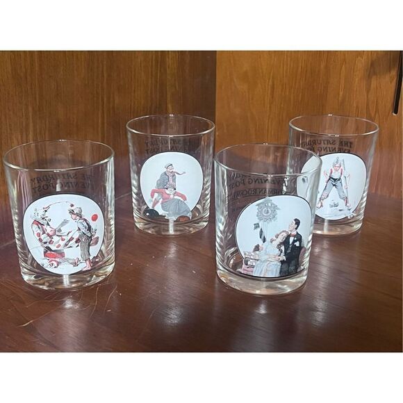Norman Rockwell Saturday Evening Post Set of 4 Low Ball Glasses - Picture 1 of 2